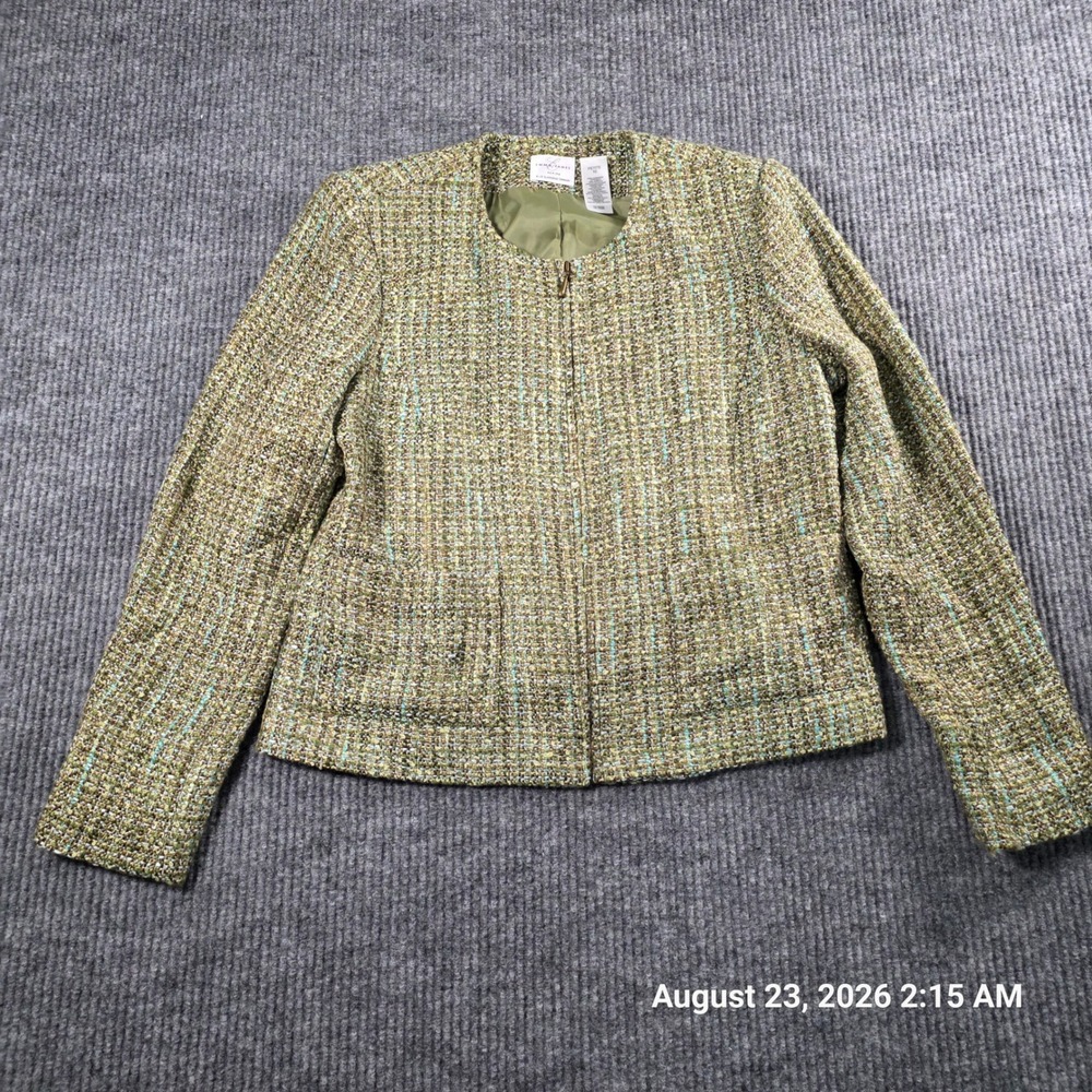 Emma James Petite Tweed Zip Up Jacket Olive Green Boucle Blazer Womens 10P